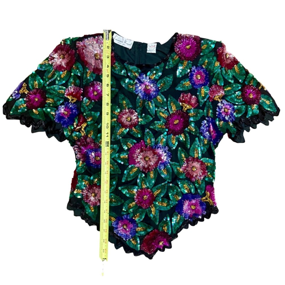 Vintage Laurence Kazar Silk Sequin Beaded Top 80s 90s Floral Scalloped Blouse - Picture 11 of 12